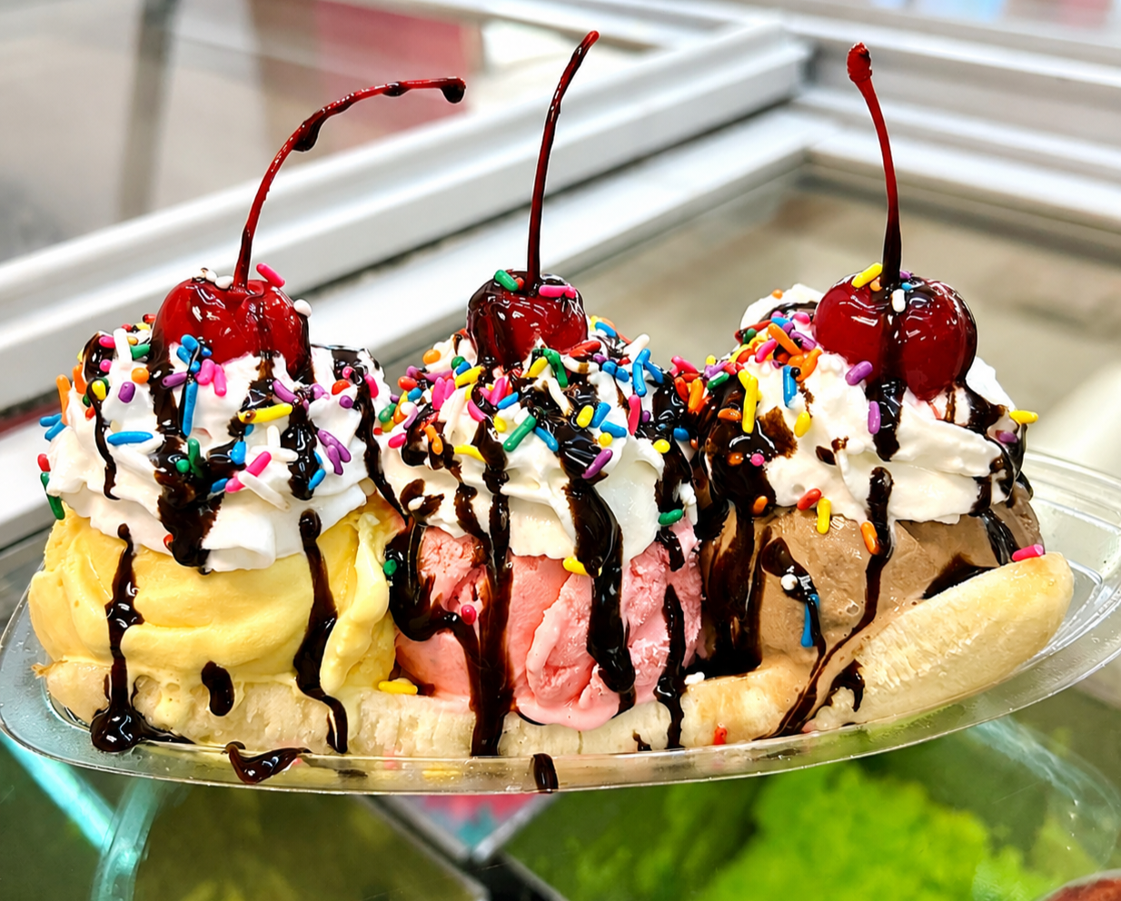 Banana split with three scoops of ice cream, whipped cream, sprinkles and cherries